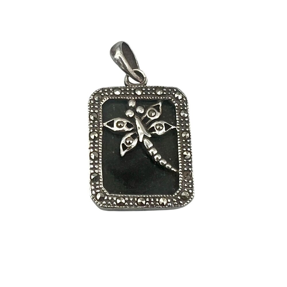 Sterling Onyx & Marcasite Dragonfly Pendant Rectangular Shape